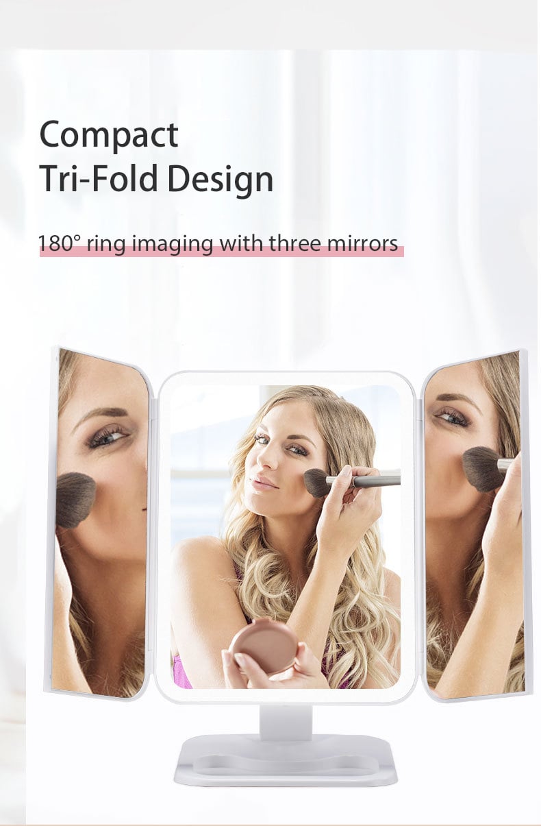 Trifold Makeup Mirror With Light 68 LED Vanity Mirrors 10X Magnifying 180 Rotation