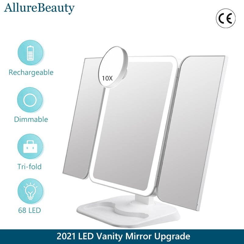 Trifold Makeup Mirror With Light 68 LED Vanity Mirrors 10X Magnifying 180 Rotation